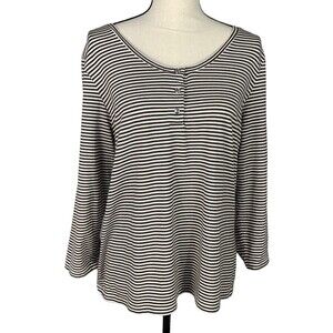 Talbots Knit Top Women XL Pullover 3 Rhinestone Snaps Brown White Stripe